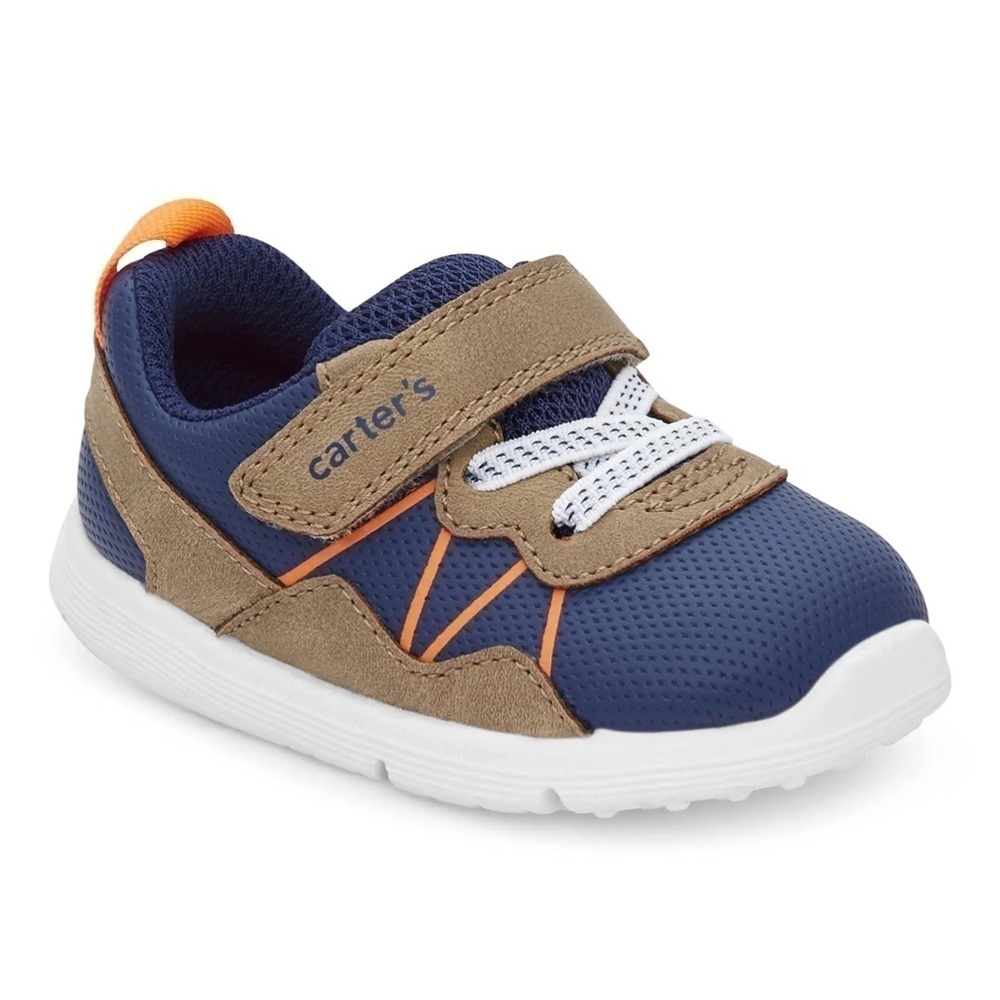 Carters 3M baby sneakers navy blue w/orange & brown accents